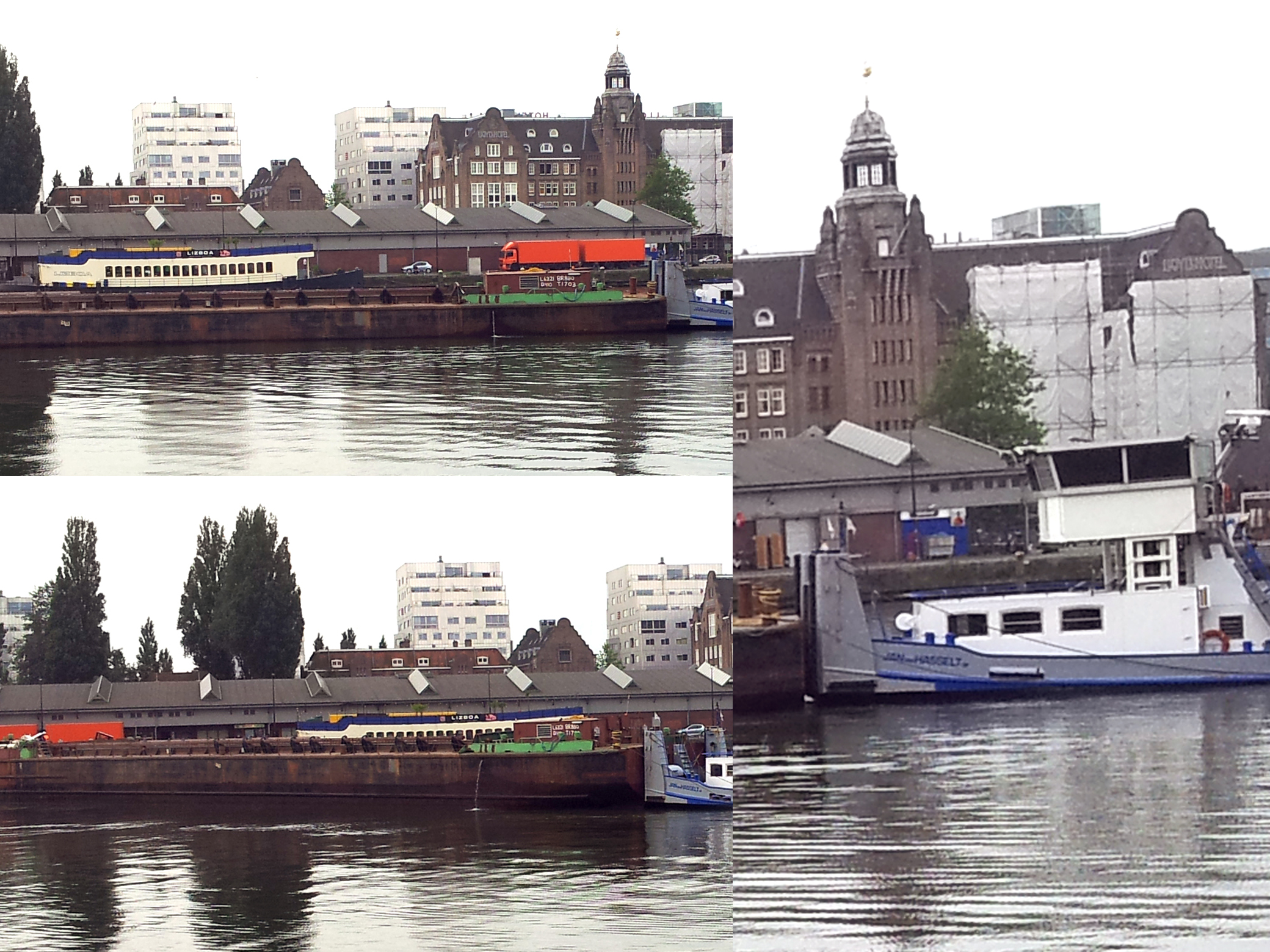 Schip de Jan van Hasselt lost lading in water bij Winkelcentrum Brazilië