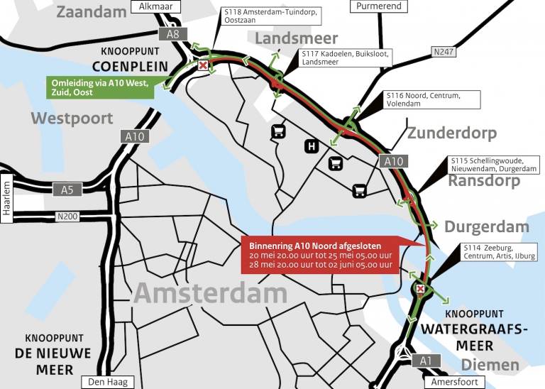 Groot onderhoud A10 Noord vervroegd: binnenring afgesloten tijdens Hemelvaart en pinksterperiode