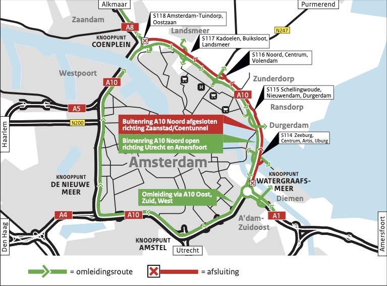 Onderhoud A10 Noord: buitenring afgesloten van 31 juli tot 10 augustus